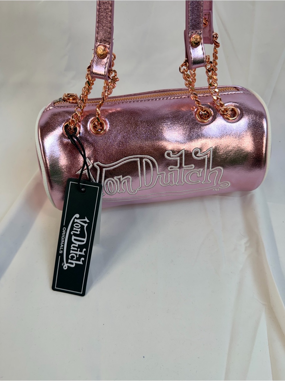 Von Dutch Pink Metallic Barrel Shoulder Bag with Gold Chain
